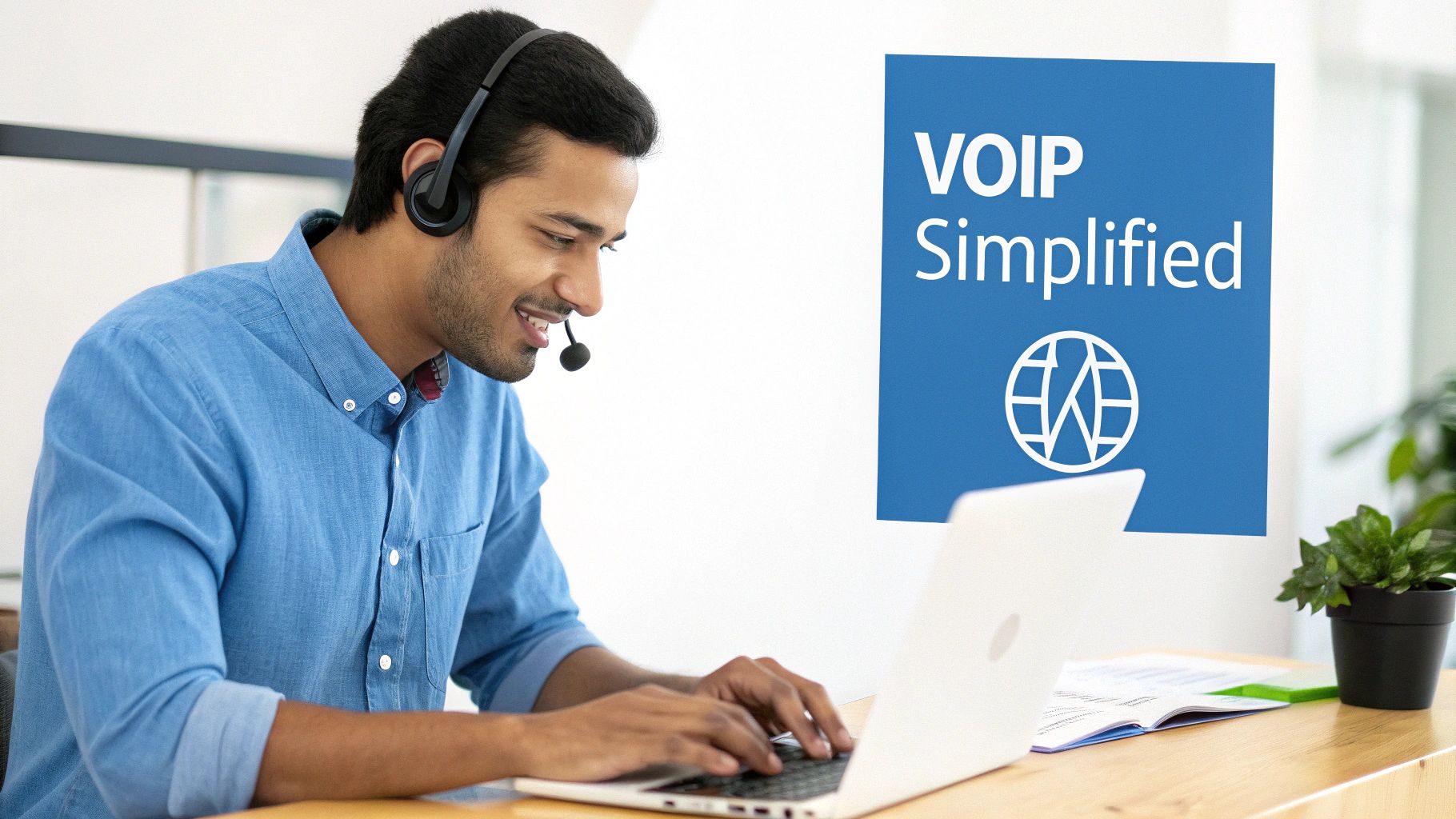 A smiling man wearing a headset with a microphone types on a laptop, with a "VOIP Simplified" sign.