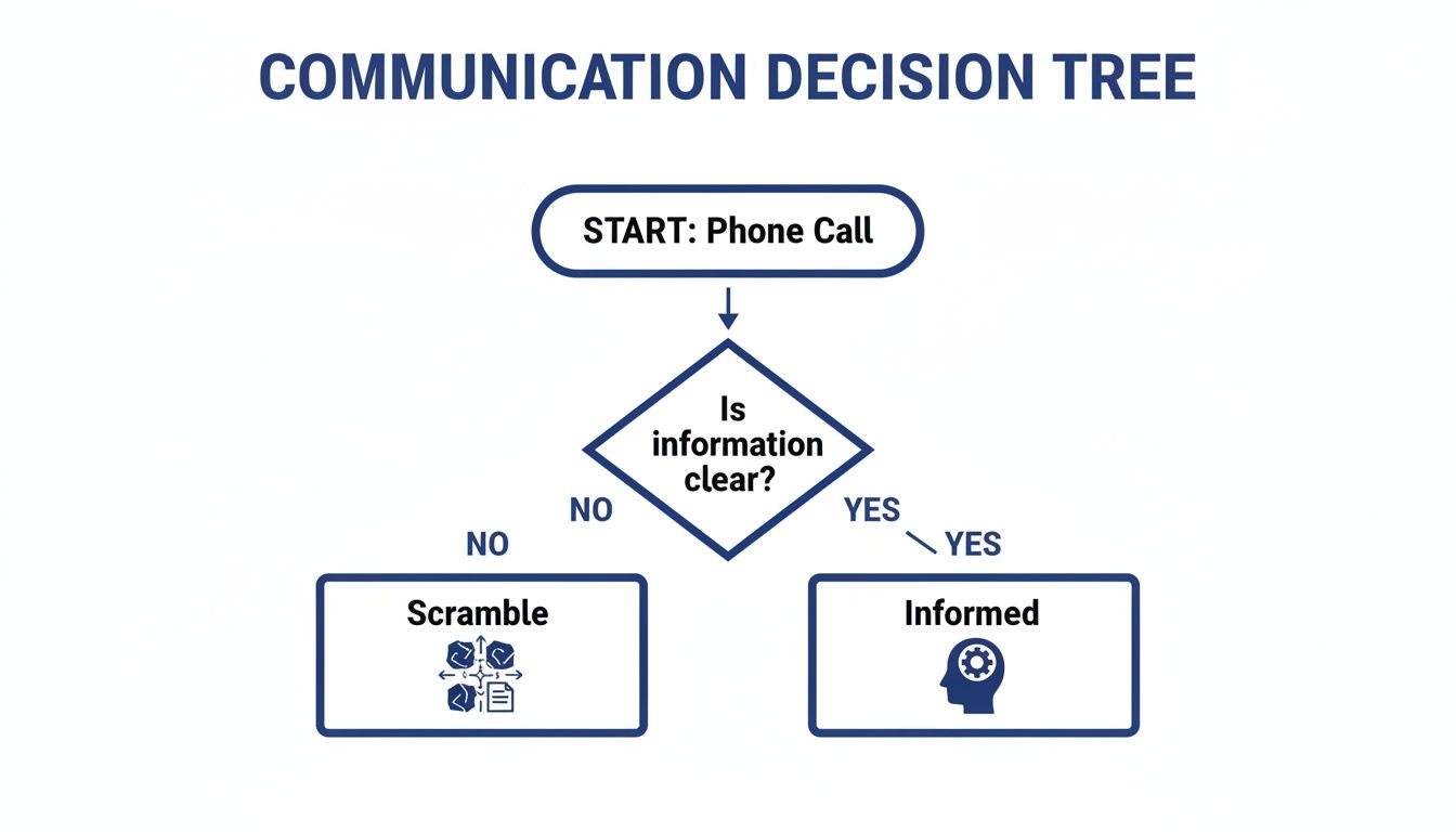 Flowchart illustrating a communication decision tree based on information clarity, starting with a phone call.