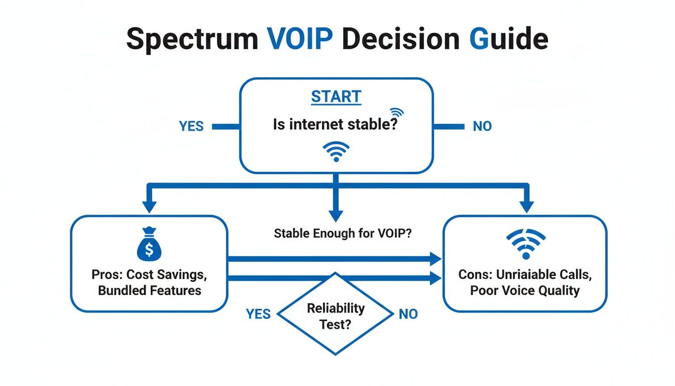 Spectrum VoIP decision guide flowchart assessing internet stability for potential cost savings or unreliable call quality.