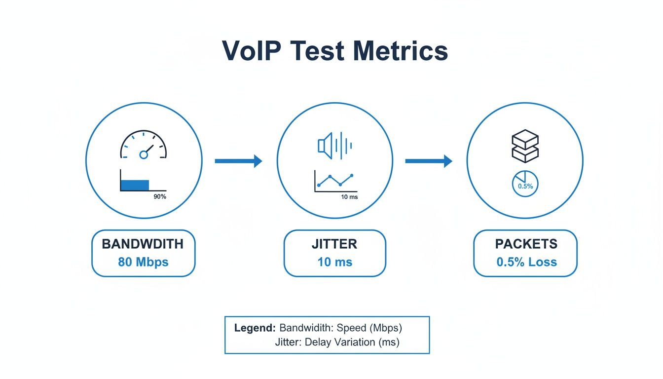 VoIP test metrics diagram showing bandwidth 80 Mbps, jitter 10 ms, and 0.5% packet loss.