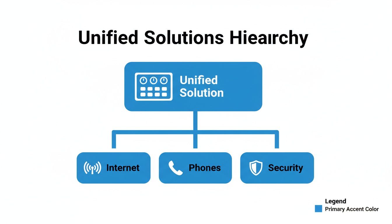 A blue hierarchical diagram illustrating a unified solution broken down into internet, phones, and security.
