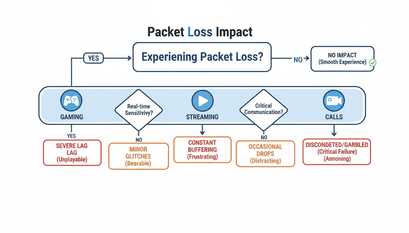 Flowchart illustrating the varying impacts of packet loss on online activities like gaming, streaming, and calls.