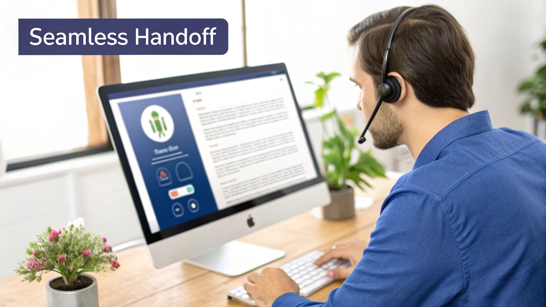 A customer support agent with a headset views a customer profile on a computer, indicating seamless handoff.