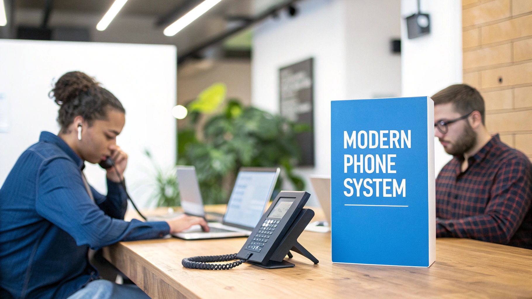 A person with AirPods talks on a desk phone, working on a laptop, with a 'Modern Phone System' sign.