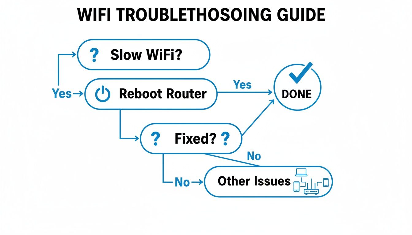 Flowchart guiding users through troubleshooting slow WiFi, starting with rebooting the router.