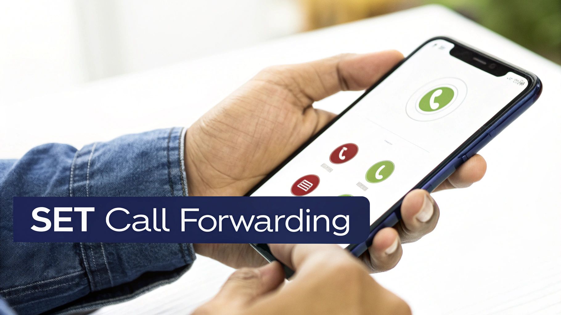 A person holding a smartphone displaying call options with 'SET Call Forwarding' text overlay.