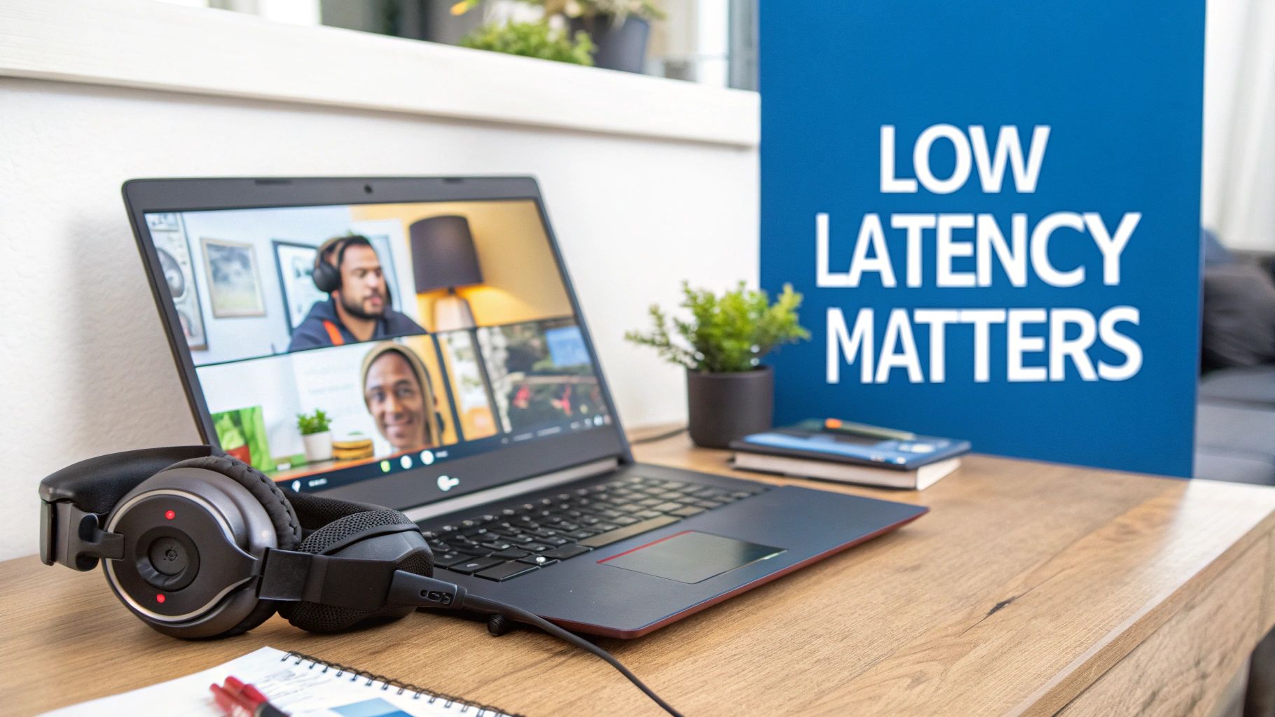 A laptop on a desk displaying a video call, with headphones and a 'LOW LATENCY MATTERS' sign.
