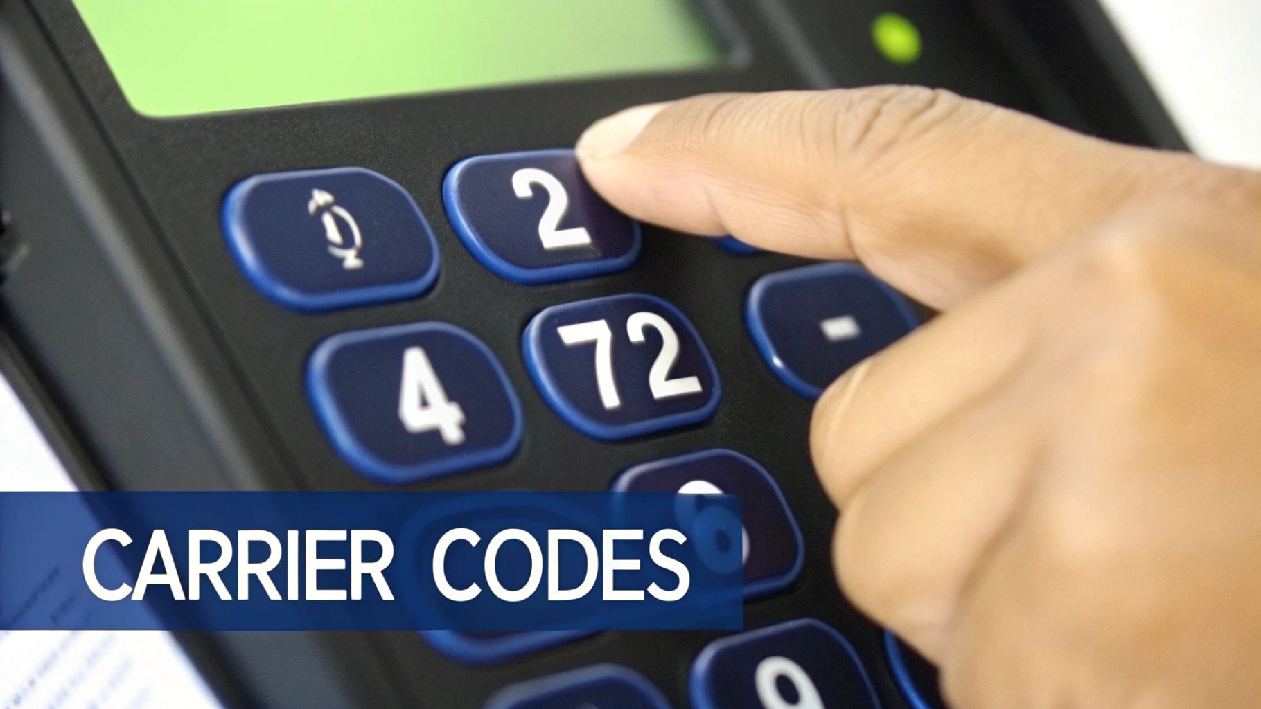 A person's finger presses the '2' button on a dark keypad with 'CARRIER CODES' text overlay.
