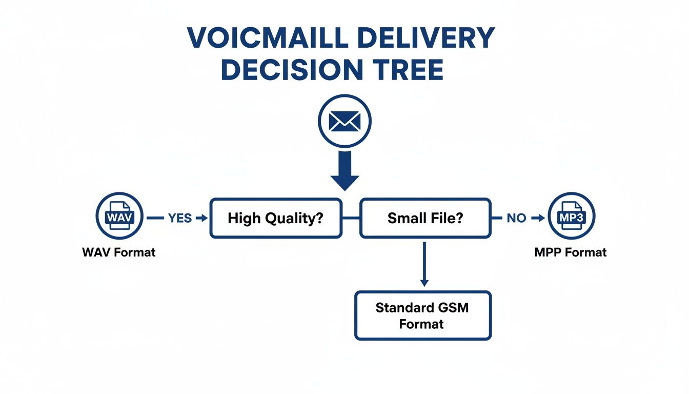 Flowchart illustrating voicemail delivery format choices based on high quality and file size criteria.