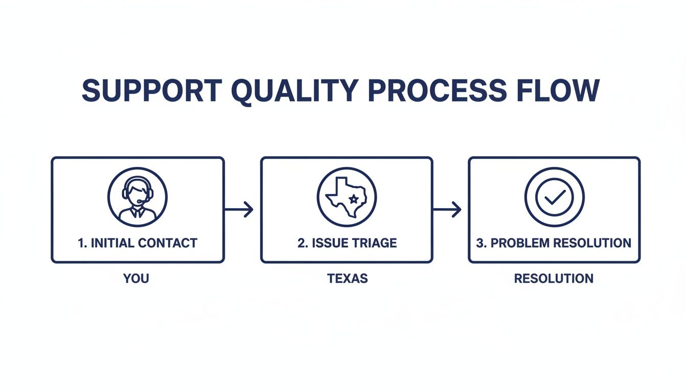 A three-step support quality process flow diagram: Initial Contact, Issue Triage (Texas), and Problem Resolution.