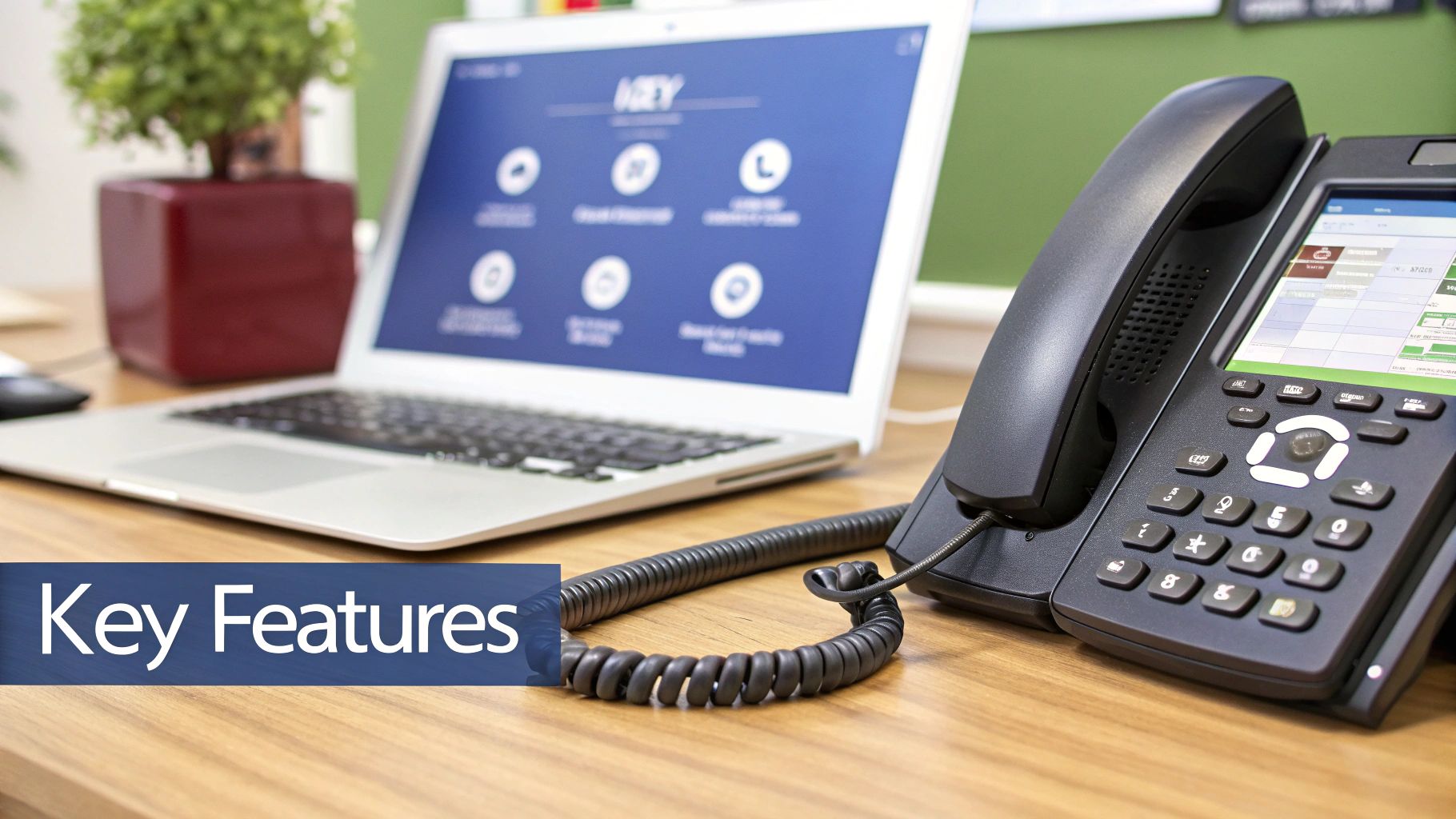 Office desk with a laptop displaying business software and a black VoIP phone.