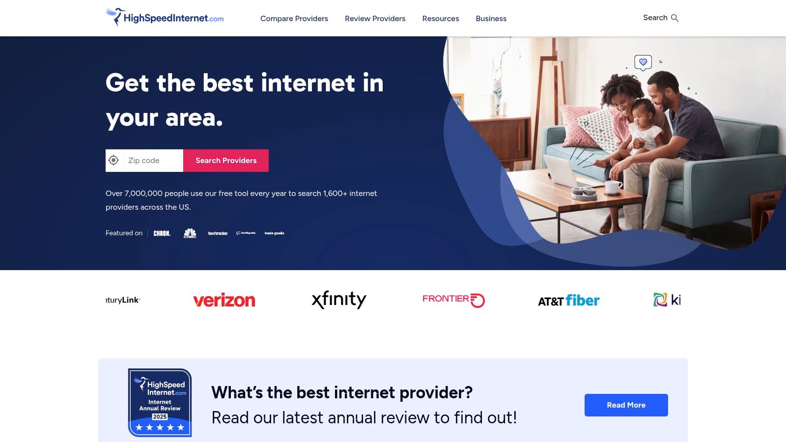 HighSpeedInternet.com showing a zip code lookup and provider comparisons