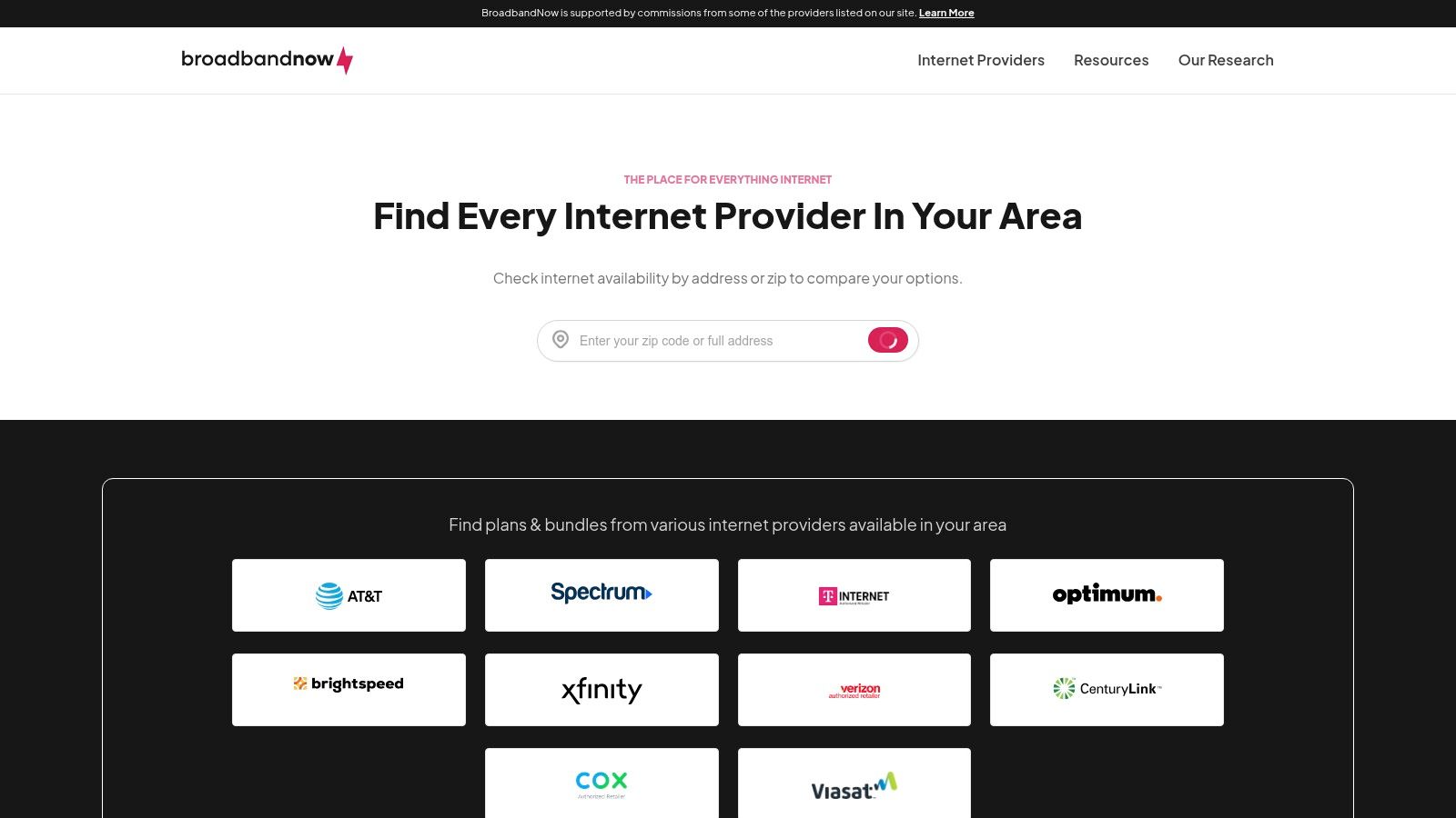 BroadbandNow showing internet provider plans available at a specific address