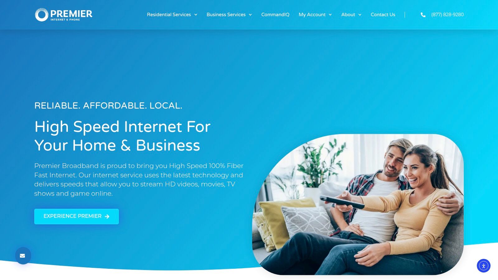 Premier Broadband's website showcasing its fiber internet and integrated services.