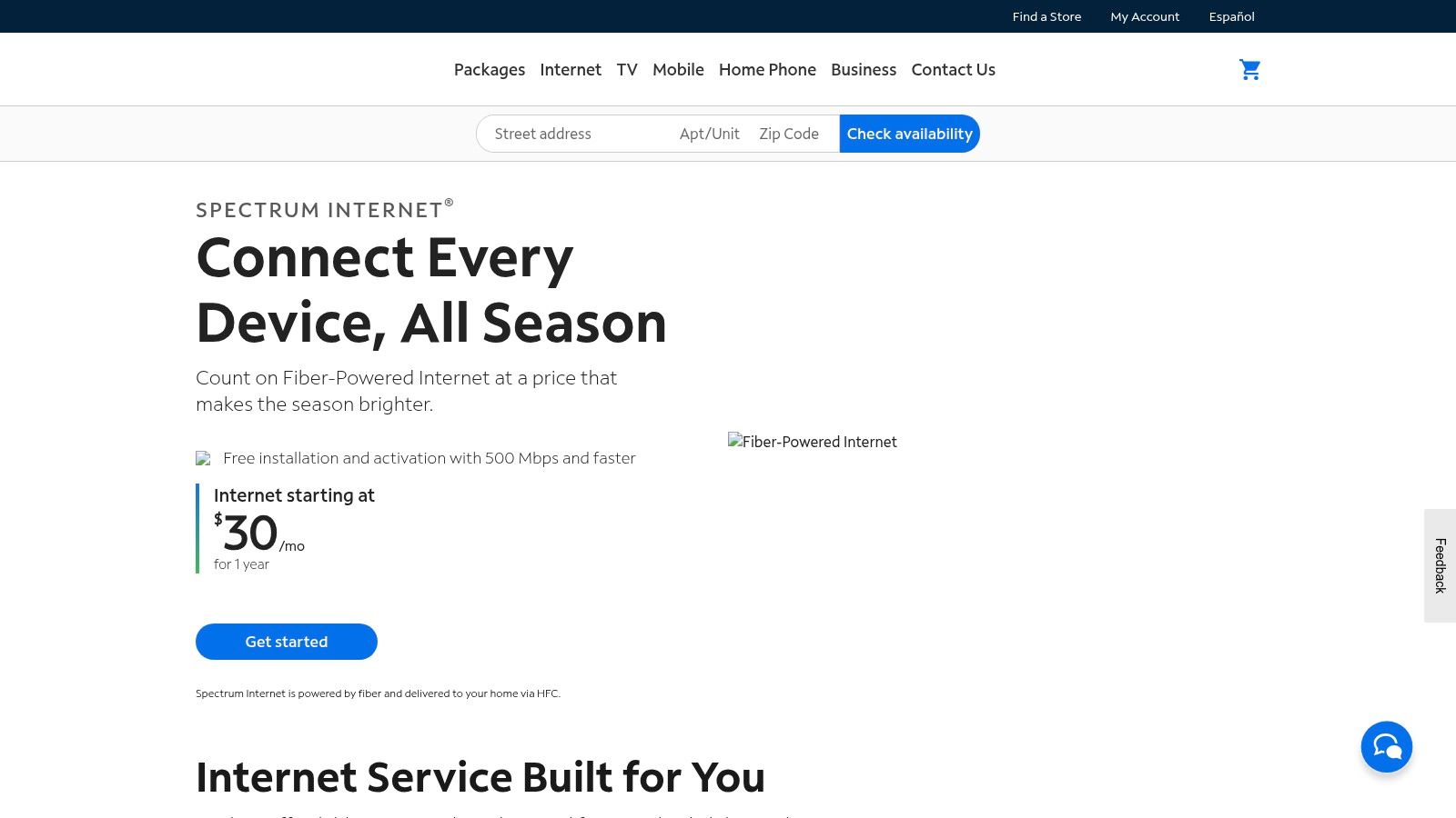 Spectrum (Charter) - official provider site showing an address-based availability checker