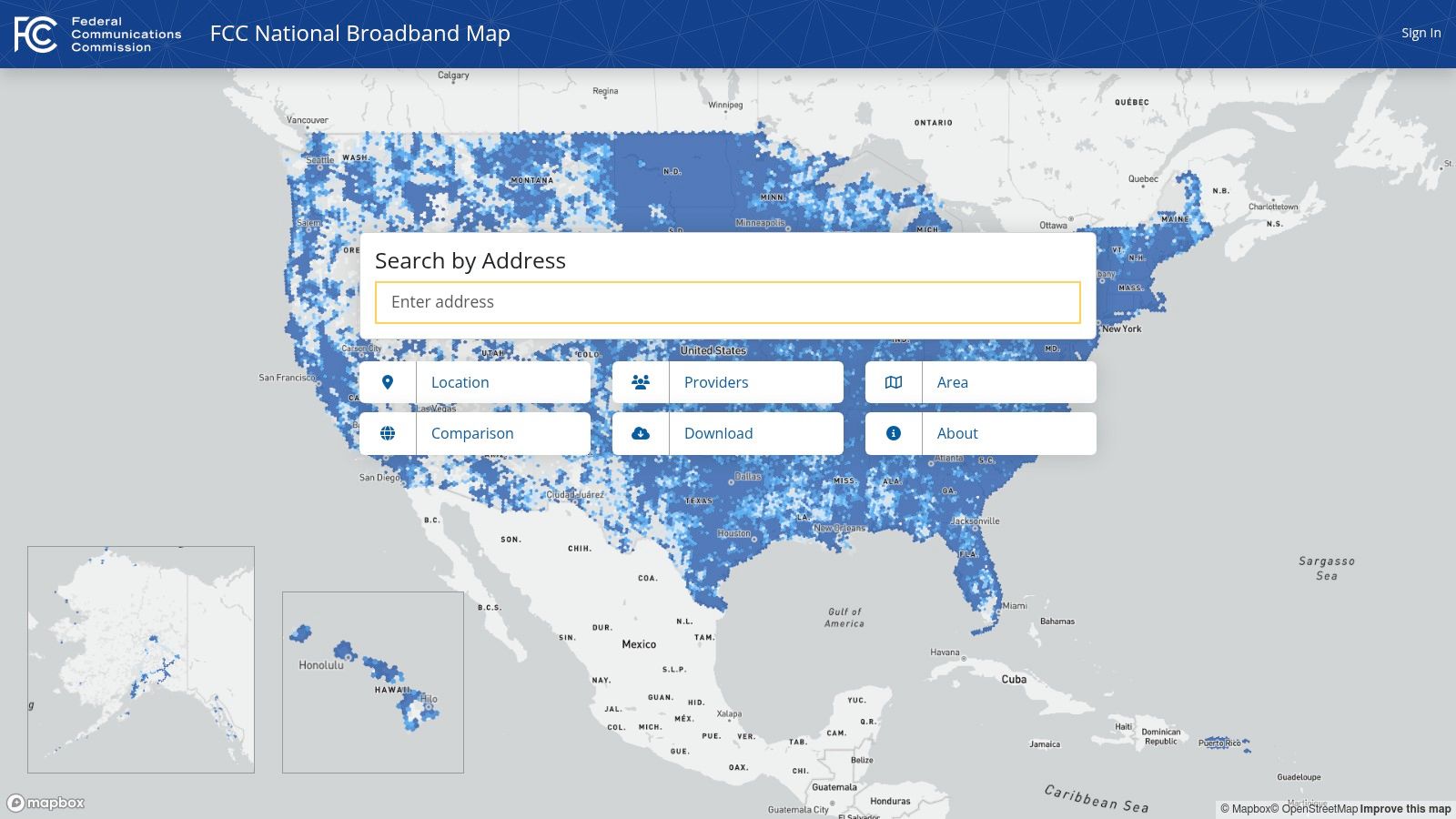 FCC National Broadband Map showing various internet providers available at a specific location