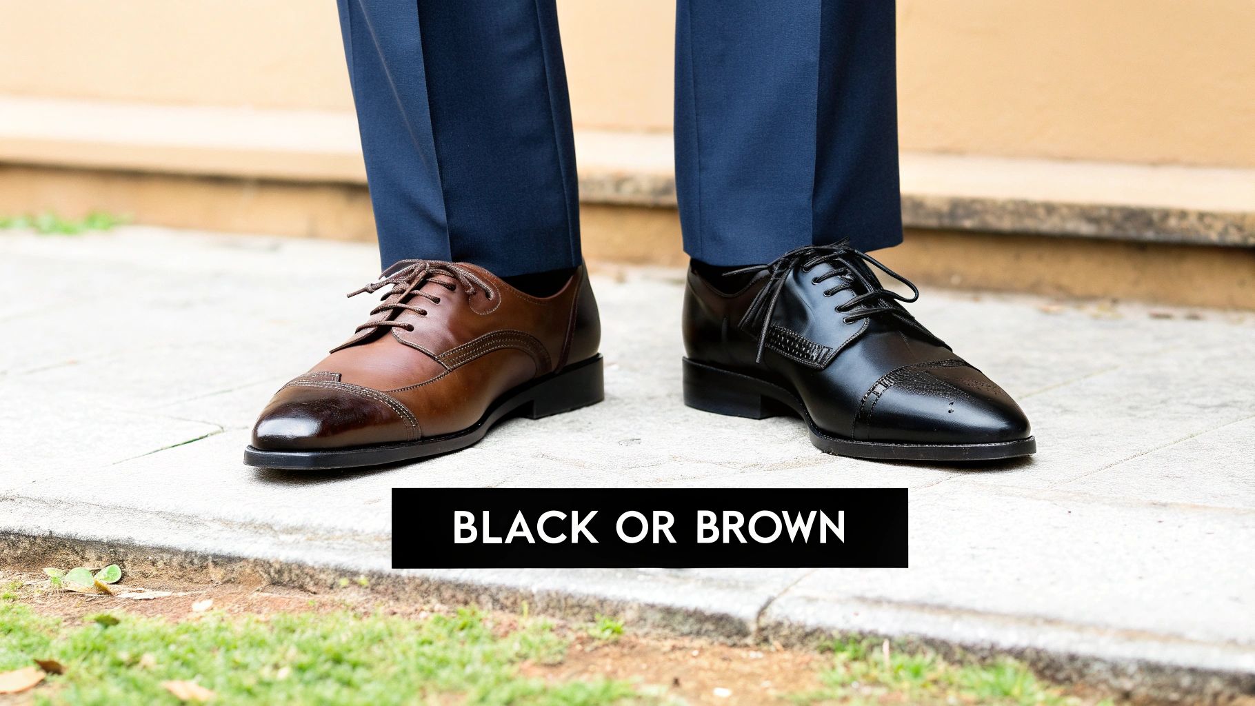 Man wearing navy suit trousers comparing a brown cap-toe oxford and a black cap-toe oxford.