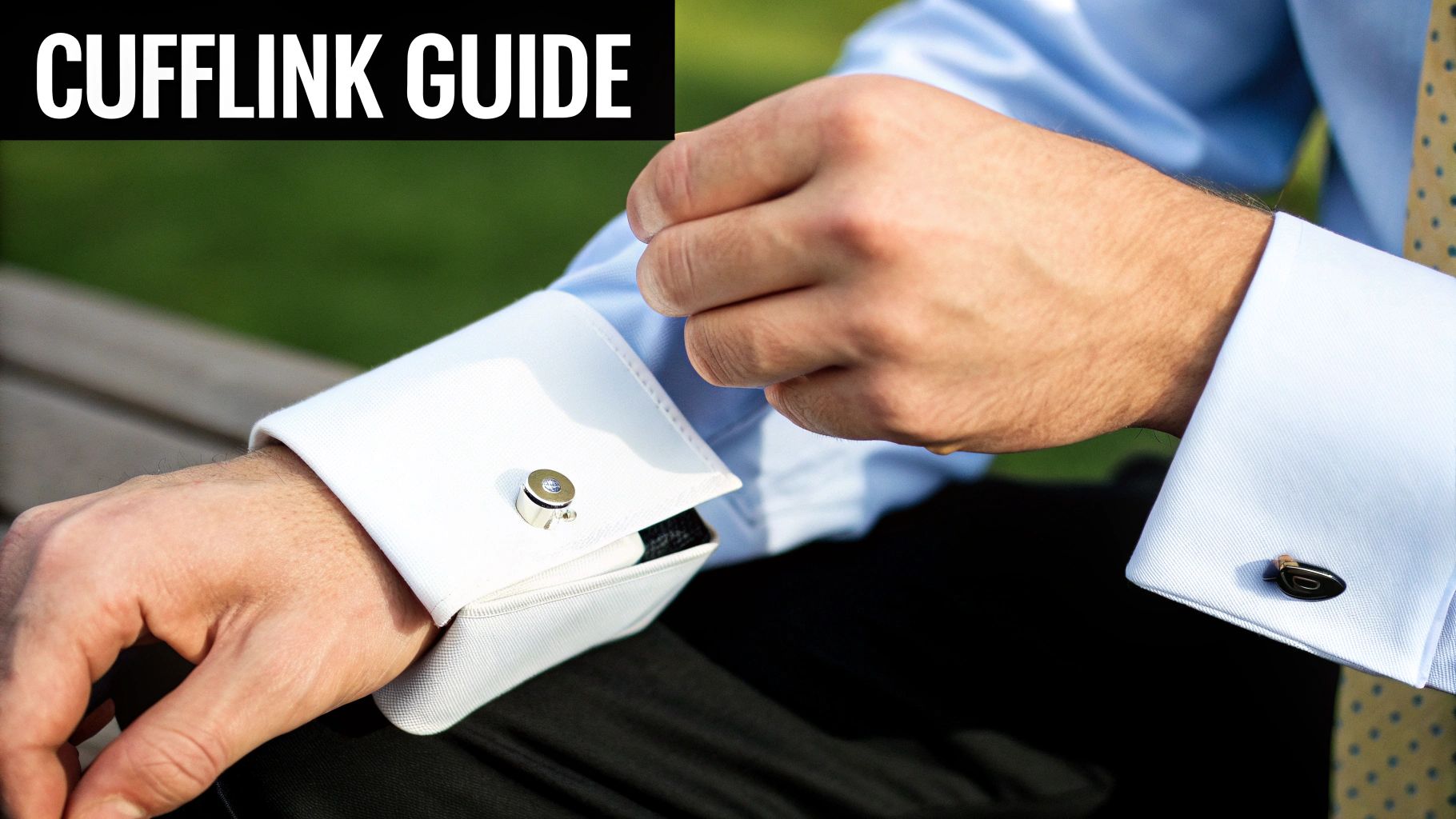 A man's hands adjusting a silver cufflink on a light blue shirt with white French cuffs.