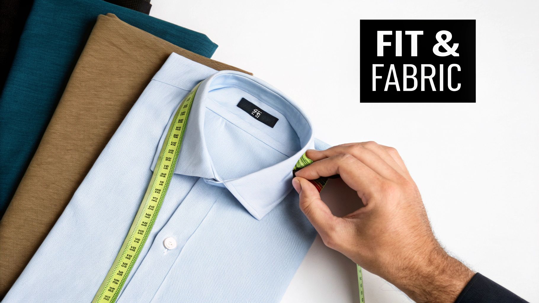A hand measures the collar of a light blue shirt with a tape measure, next to fabric stacks and 'FIT & FABRIC' text.