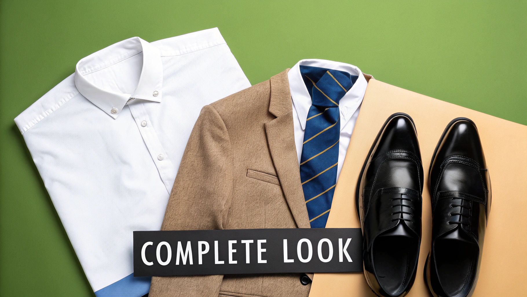 A complete men's formal look with a white shirt, brown blazer, blue striped tie, and black dress shoes, on a green background.