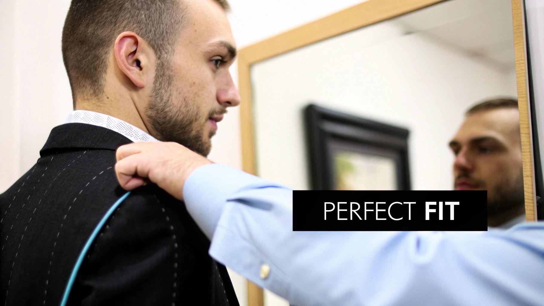 A tailor's hand adjusts a man's black suit jacket during a fitting, ensuring a perfect fit.