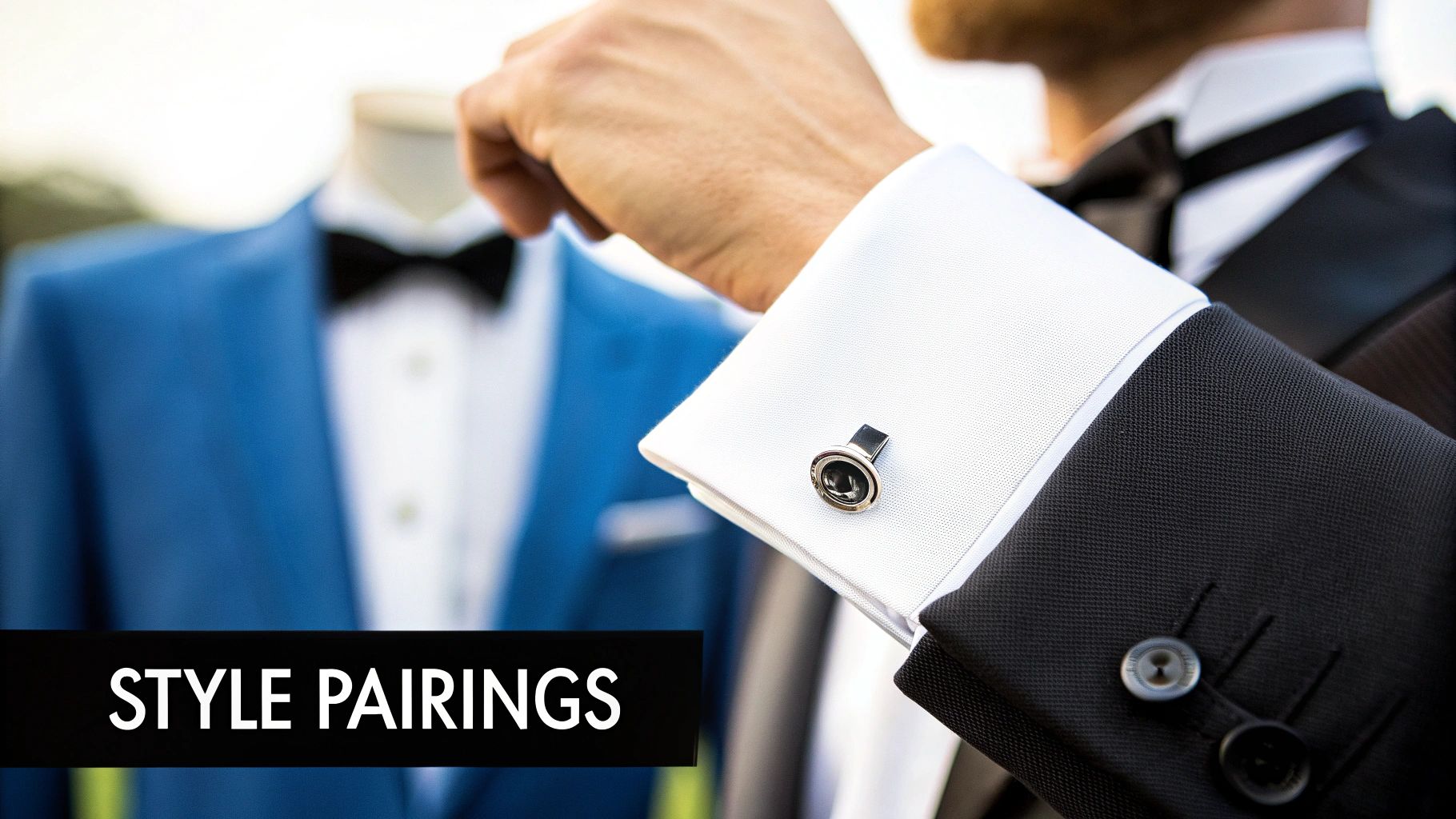 A man in a black suit and white French cuff shirt with a silver cufflink, showcasing style pairings.