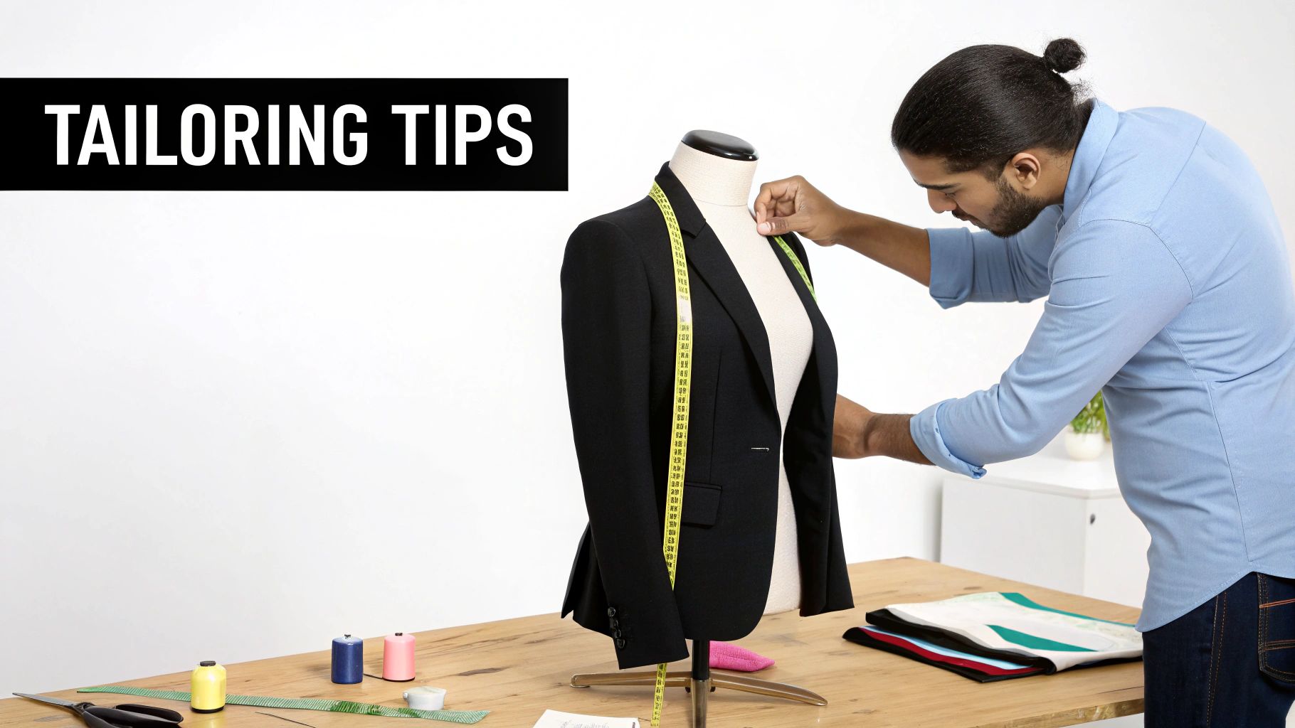 A tailor adjusts a black blazer on a mannequin, with a measuring tape and sewing supplies on a wooden table. Text says Tailoring Tips.