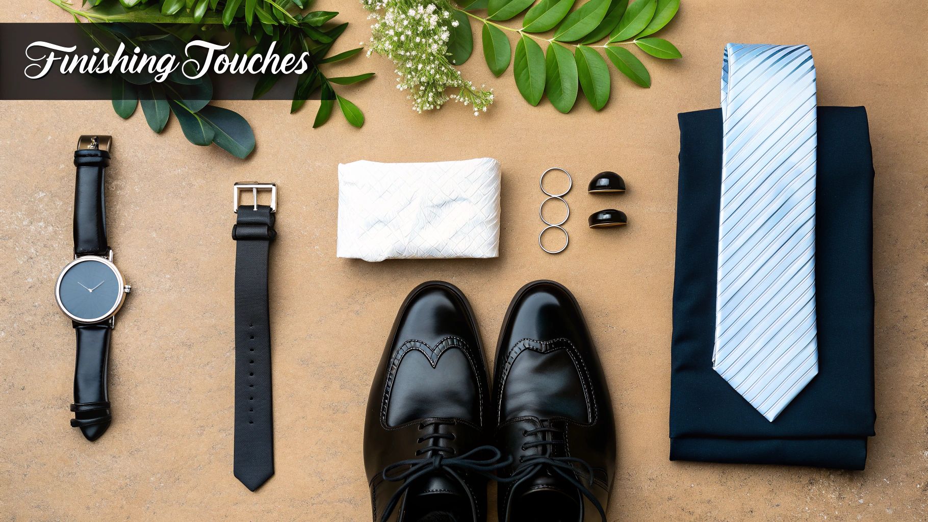 A flat lay of men's formal attire accessories for a wedding, including shoes, tie, and watch.