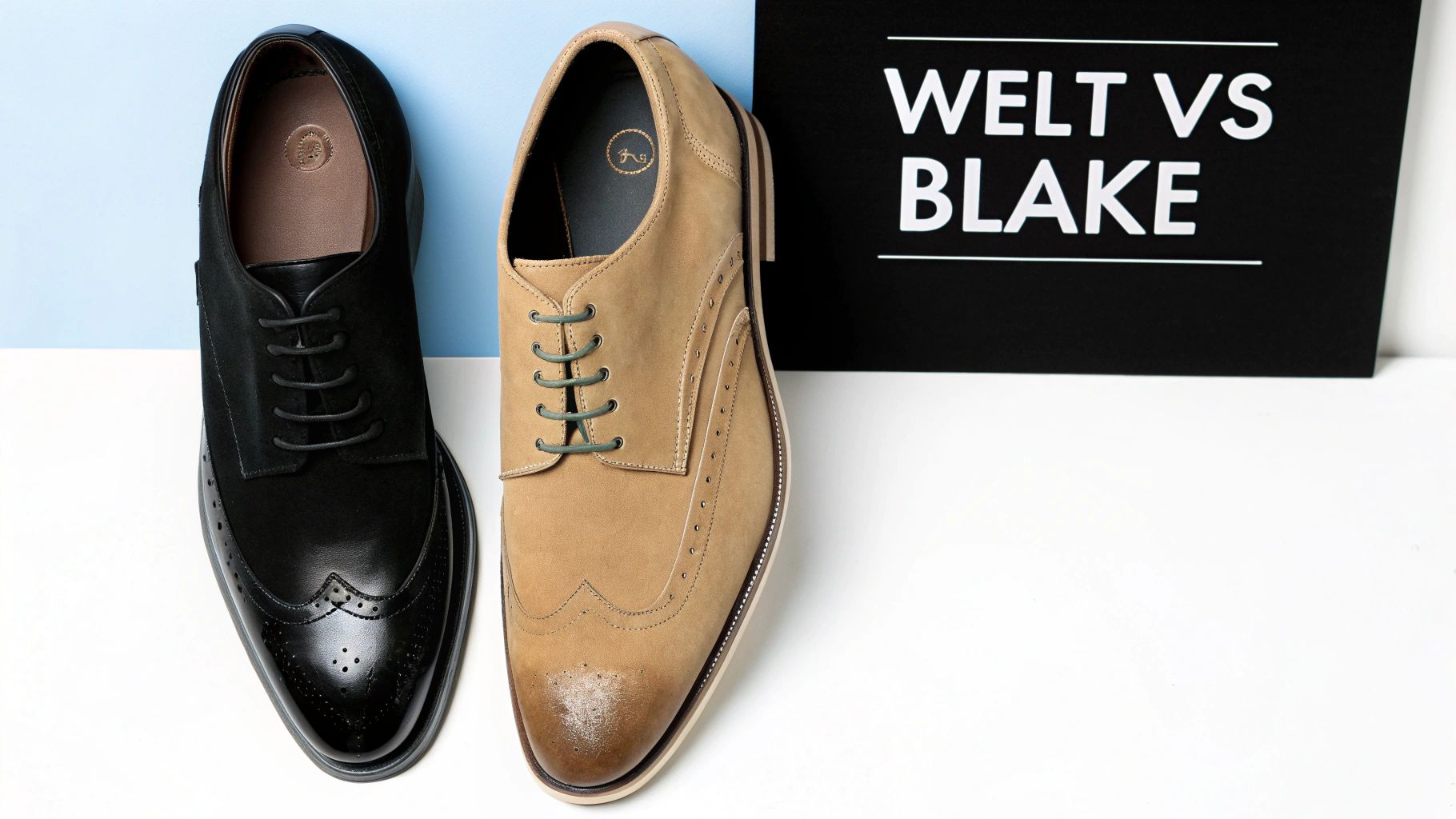 Two men's dress shoes, black and tan, displayed against a blue and white background with a 'Welt vs Blake' sign.