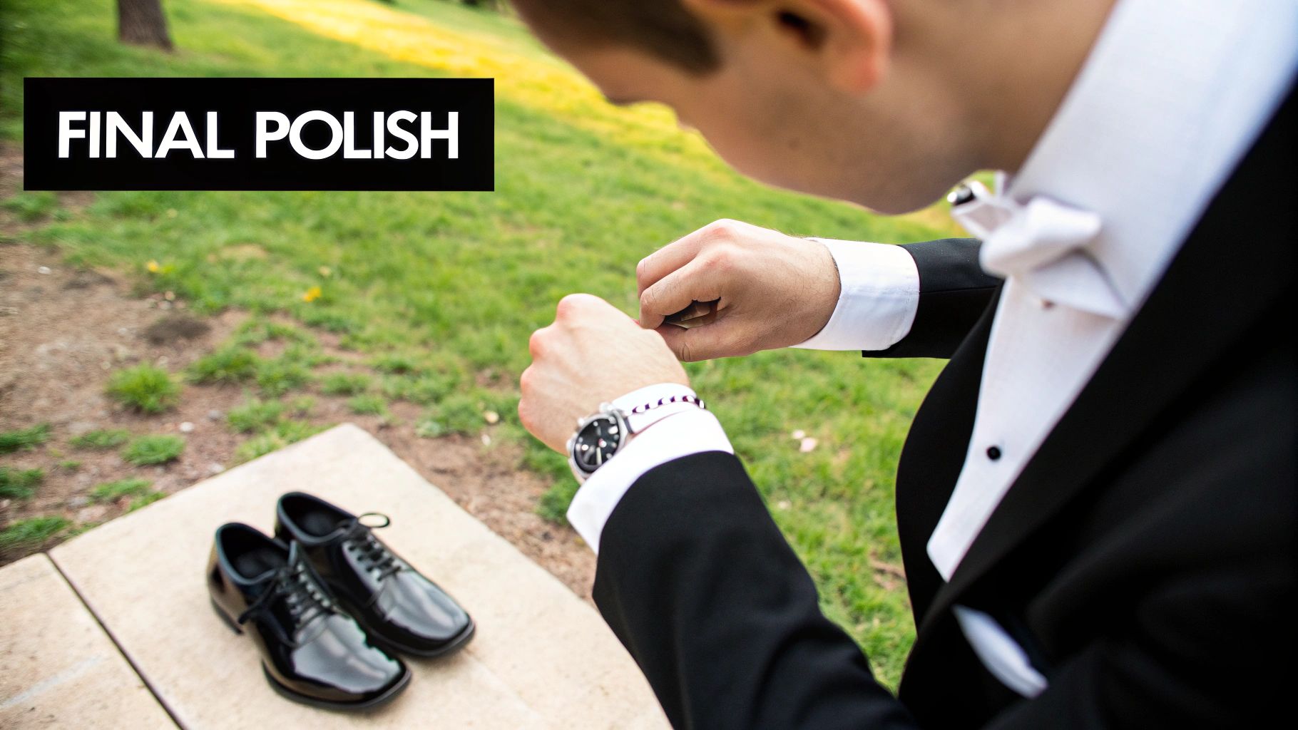 A man in a tuxedo adjusting his cuff, with shiny black dress shoes on the ground.