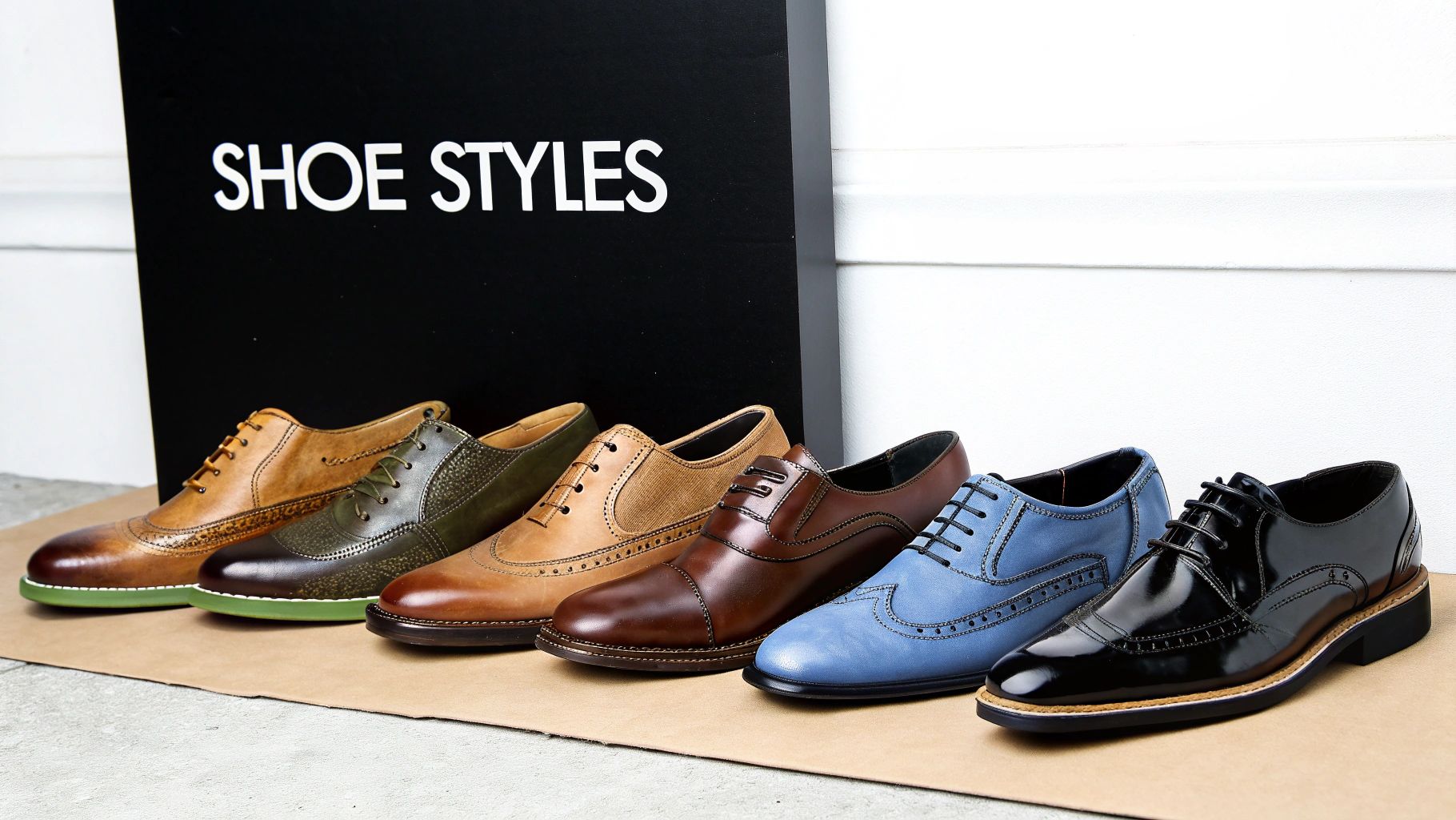 A line of stylish men's dress shoes in various colors, including brogues and oxfords, with a 'SHOE STYLES' sign.