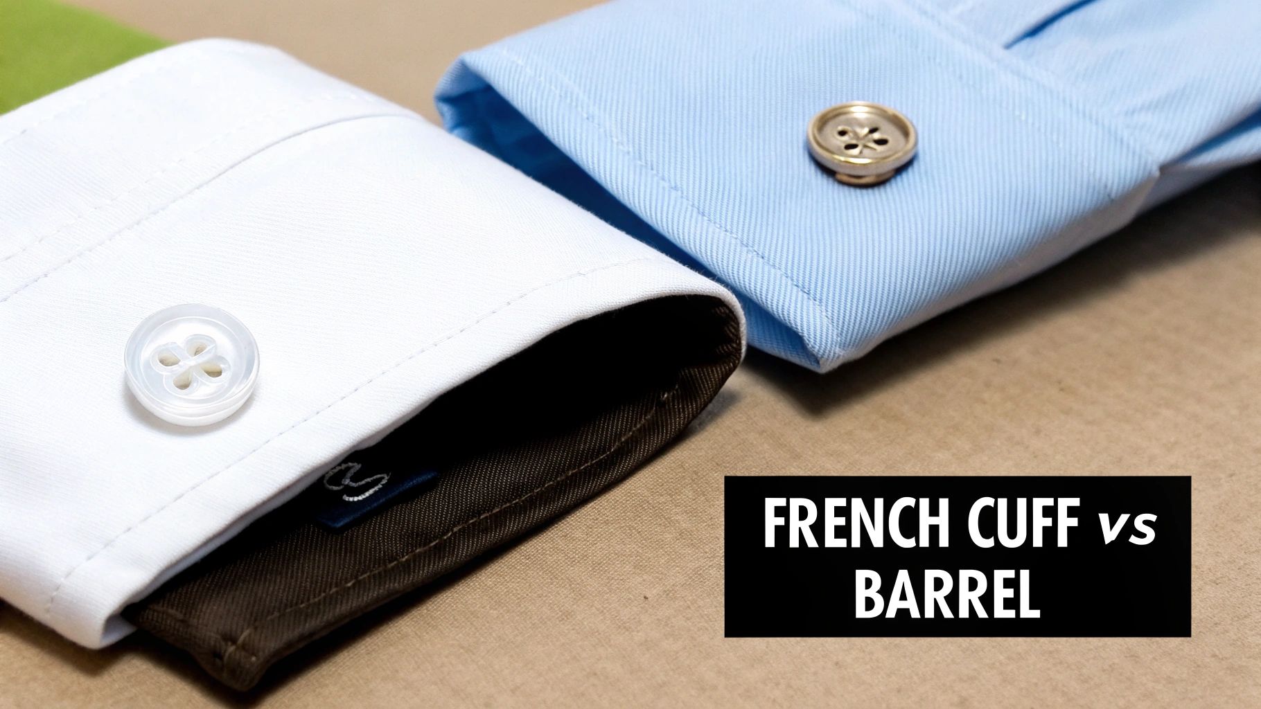 Close-up of a white shirt cuff with a barrel button next to a light blue shirt cuff with a gold cufflink, highlighting cuff styles.