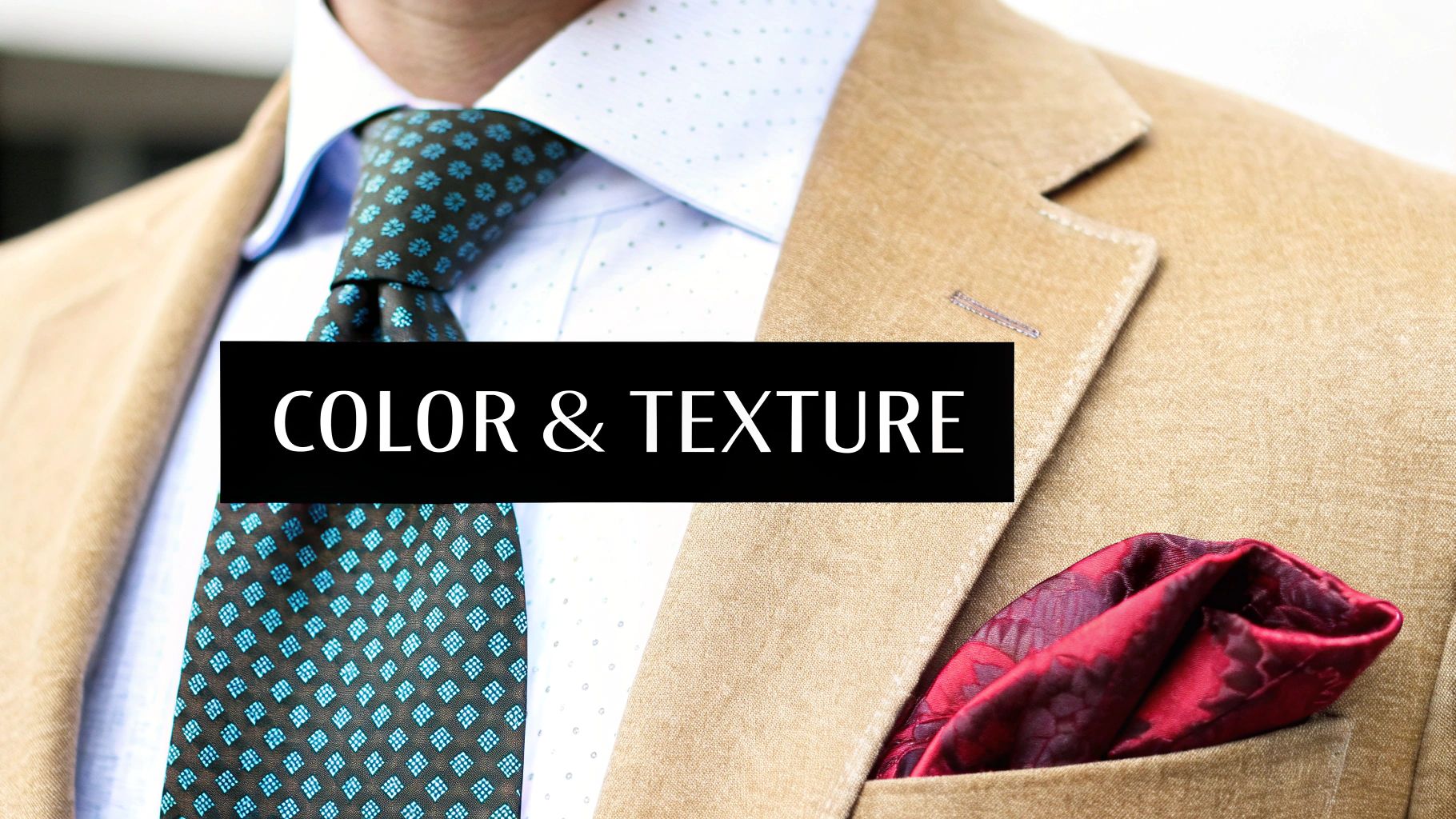 A man's outfit highlighting color and texture with a tan blazer, blue shirt, tie, and red pocket square.