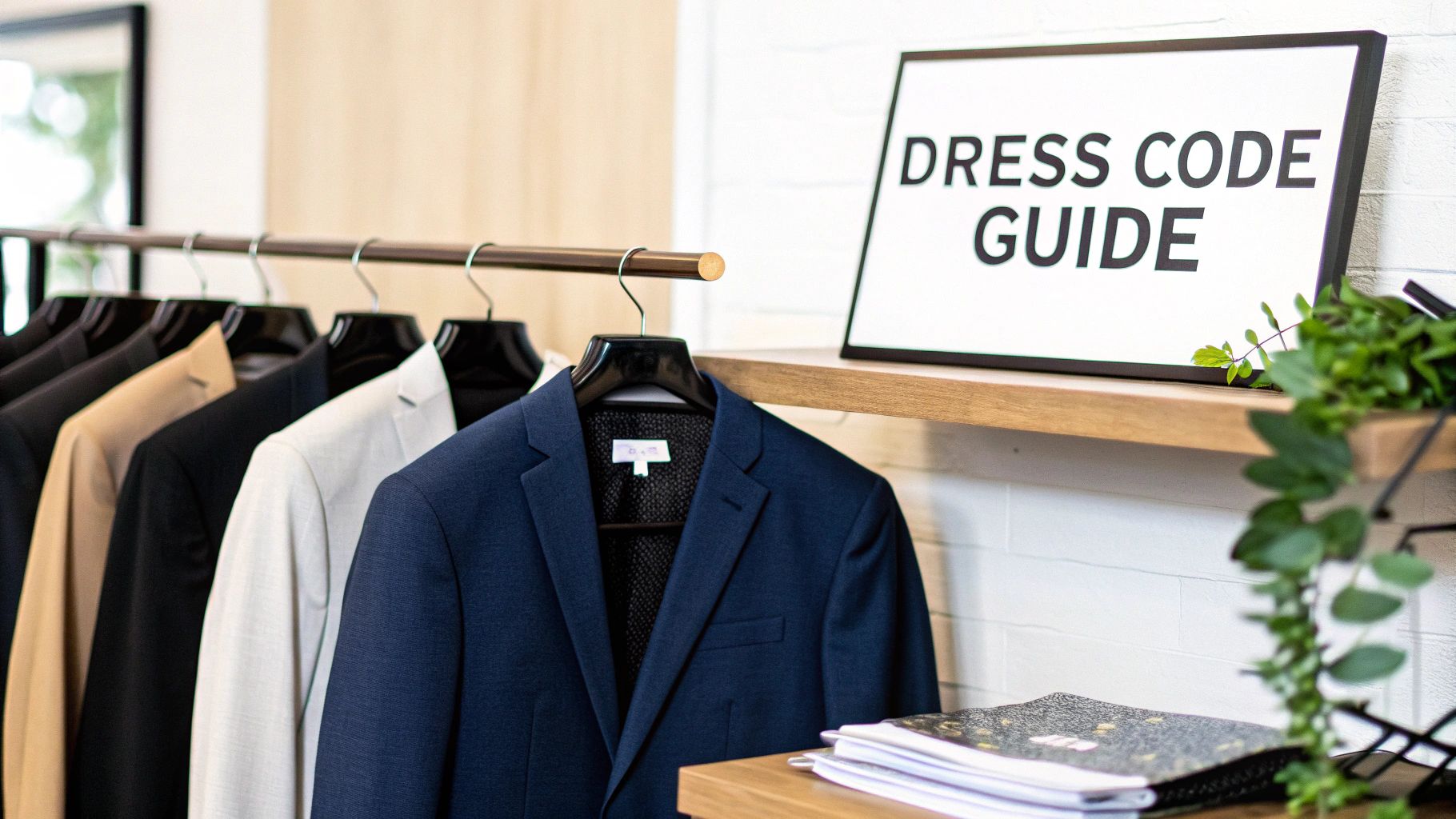 A rack of men's suits in various colors next to a "DRESS CODE GUIDE" sign.