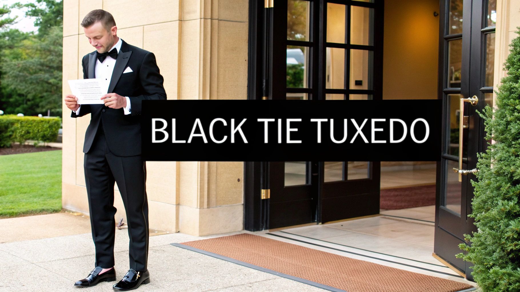 A man in a black tie tuxedo reads a document outside an elegant building.