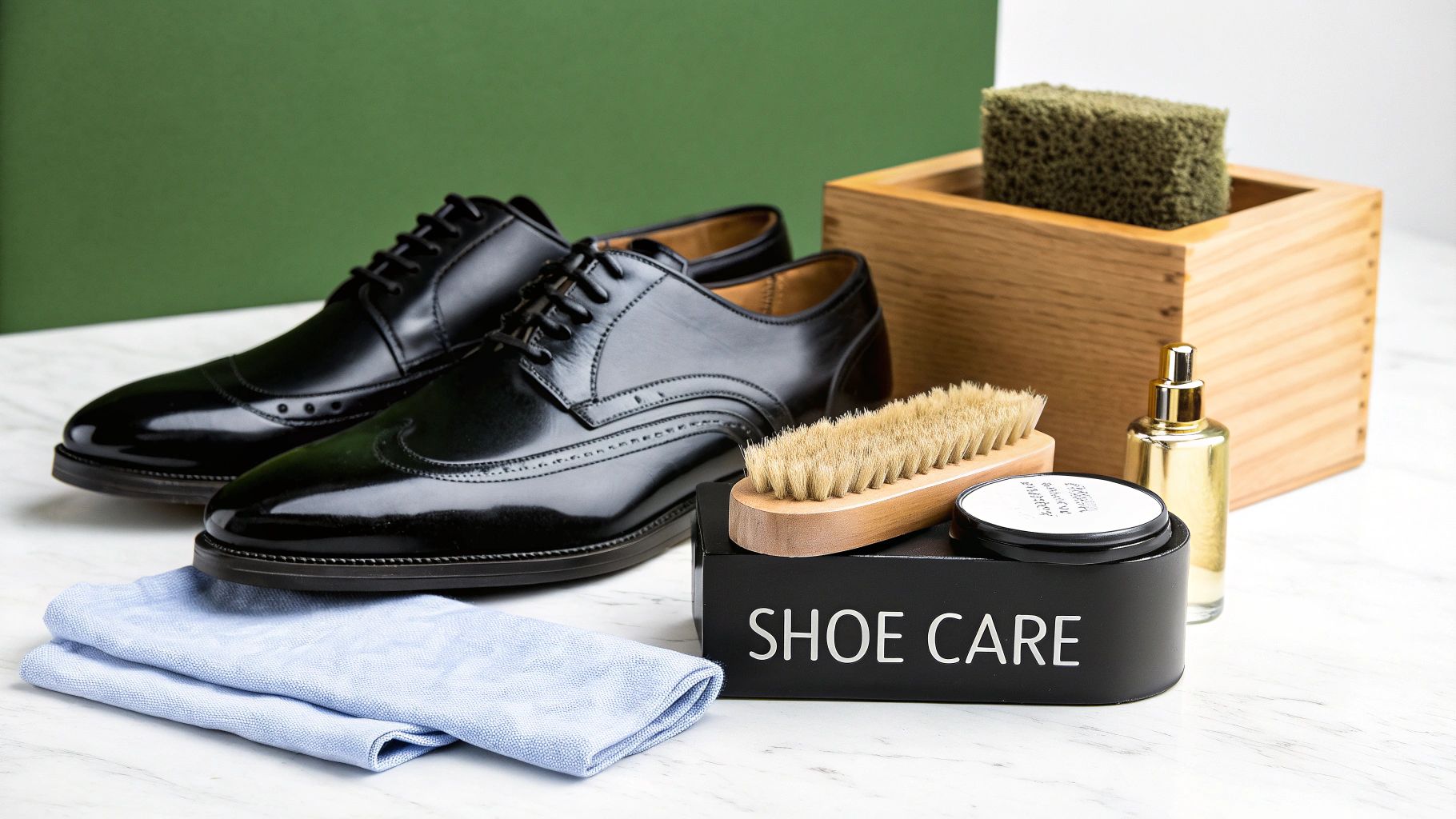 A pair of shiny black dress shoes with a complete shoe care kit on a marble surface.
