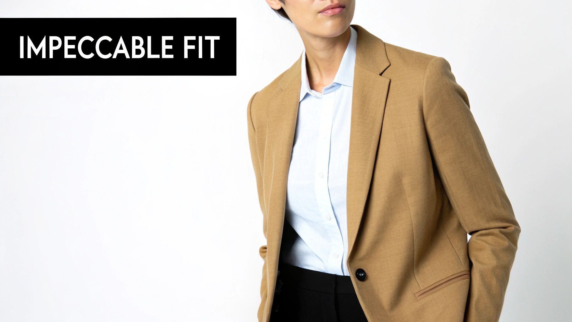 A person wearing a camel-colored blazer and a light blue shirt, with 'IMPECCABLE FIT' text.
