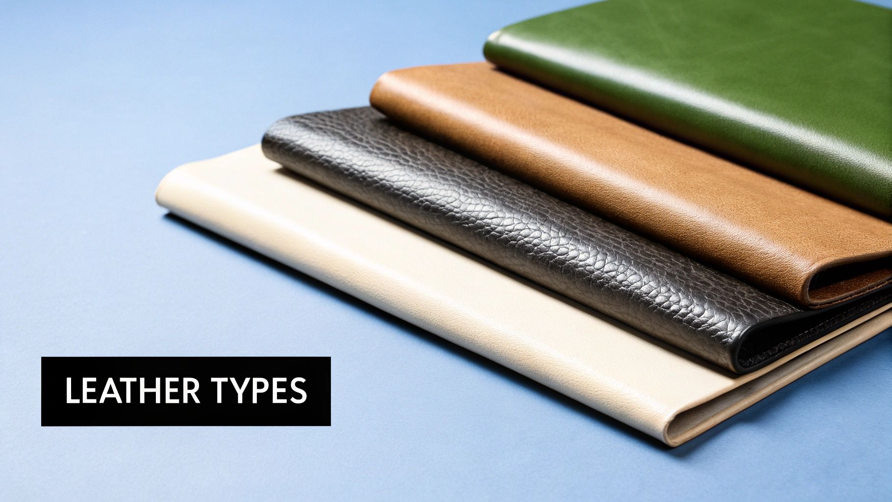 A close-up of four different leather types in cream, black, brown, and green, showing various textures.