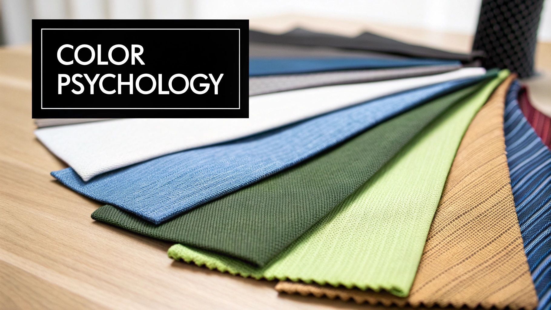 Colorful fabric swatches and ties laid out on a table, illustrating color psychology concepts.