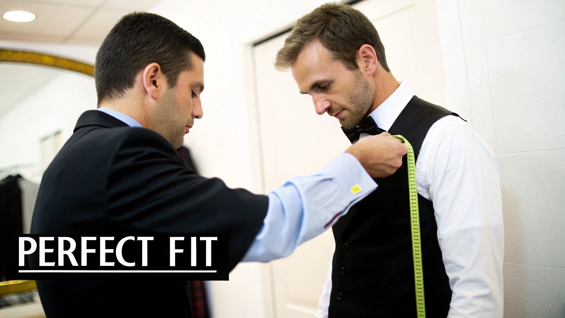 A tailor is measuring a man in a vest and bow tie for a perfect fit.