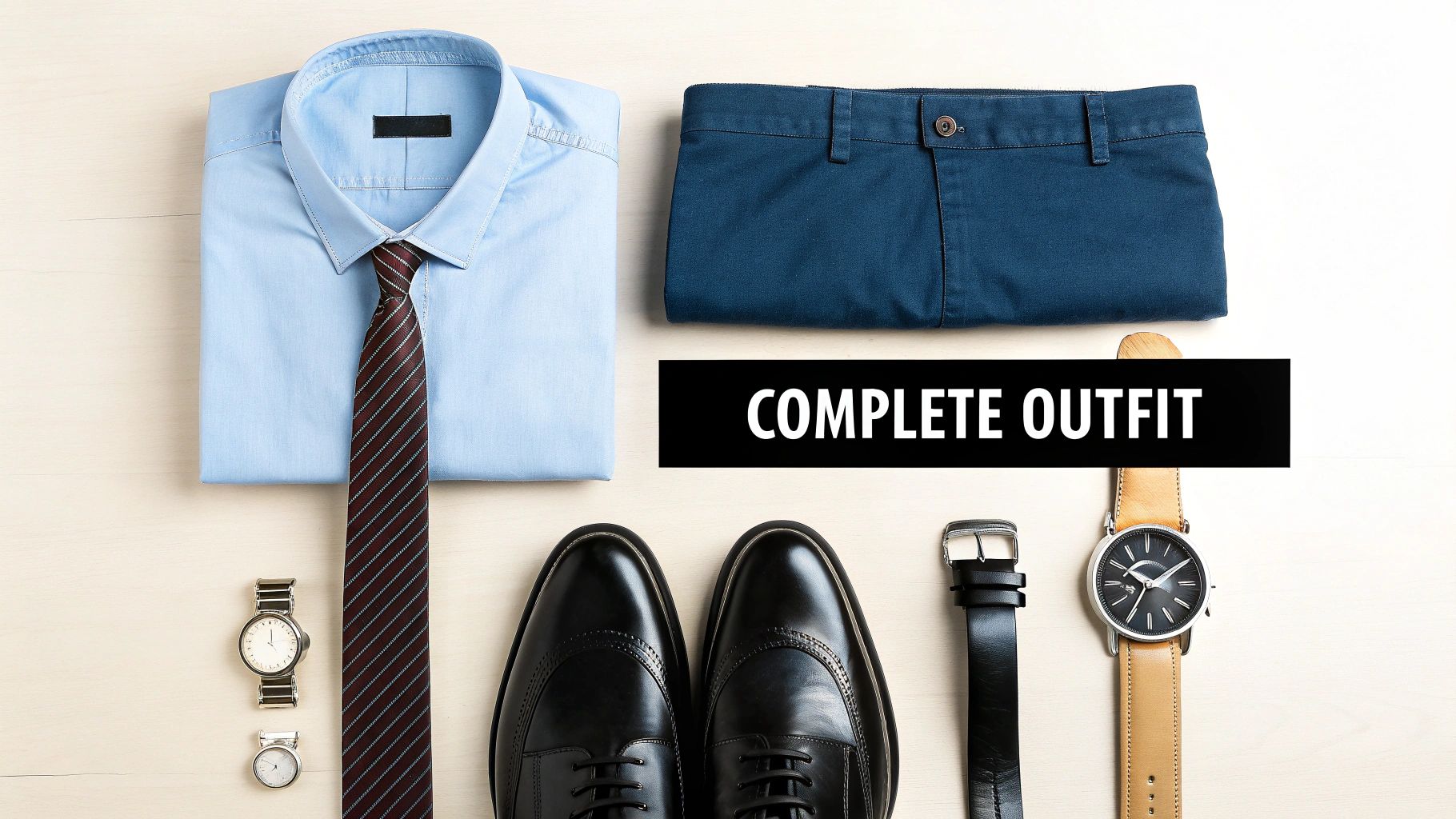 A complete men's formal outfit flat lay with a light blue shirt, striped tie, blue pants, black shoes, and accessories.