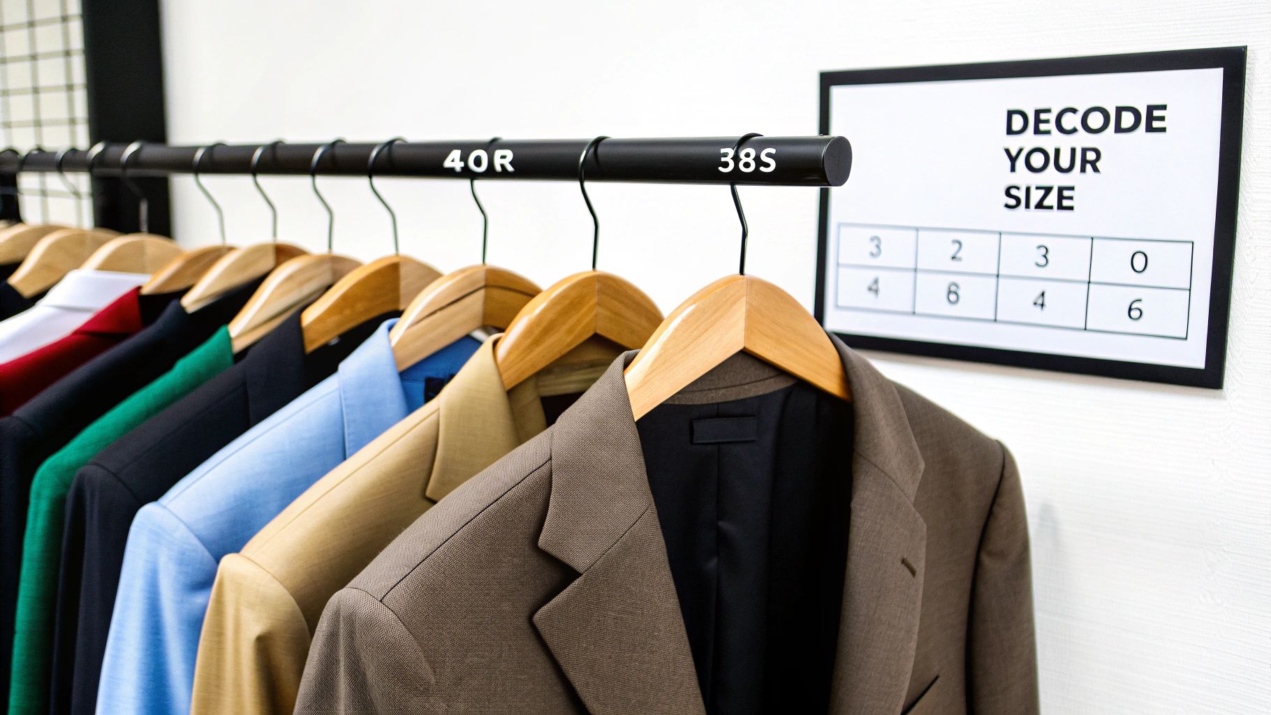 Men's suit jackets in various colors on a clothing rack, displaying sizes 40R, 38S, and a 'Decode Your Size' chart.