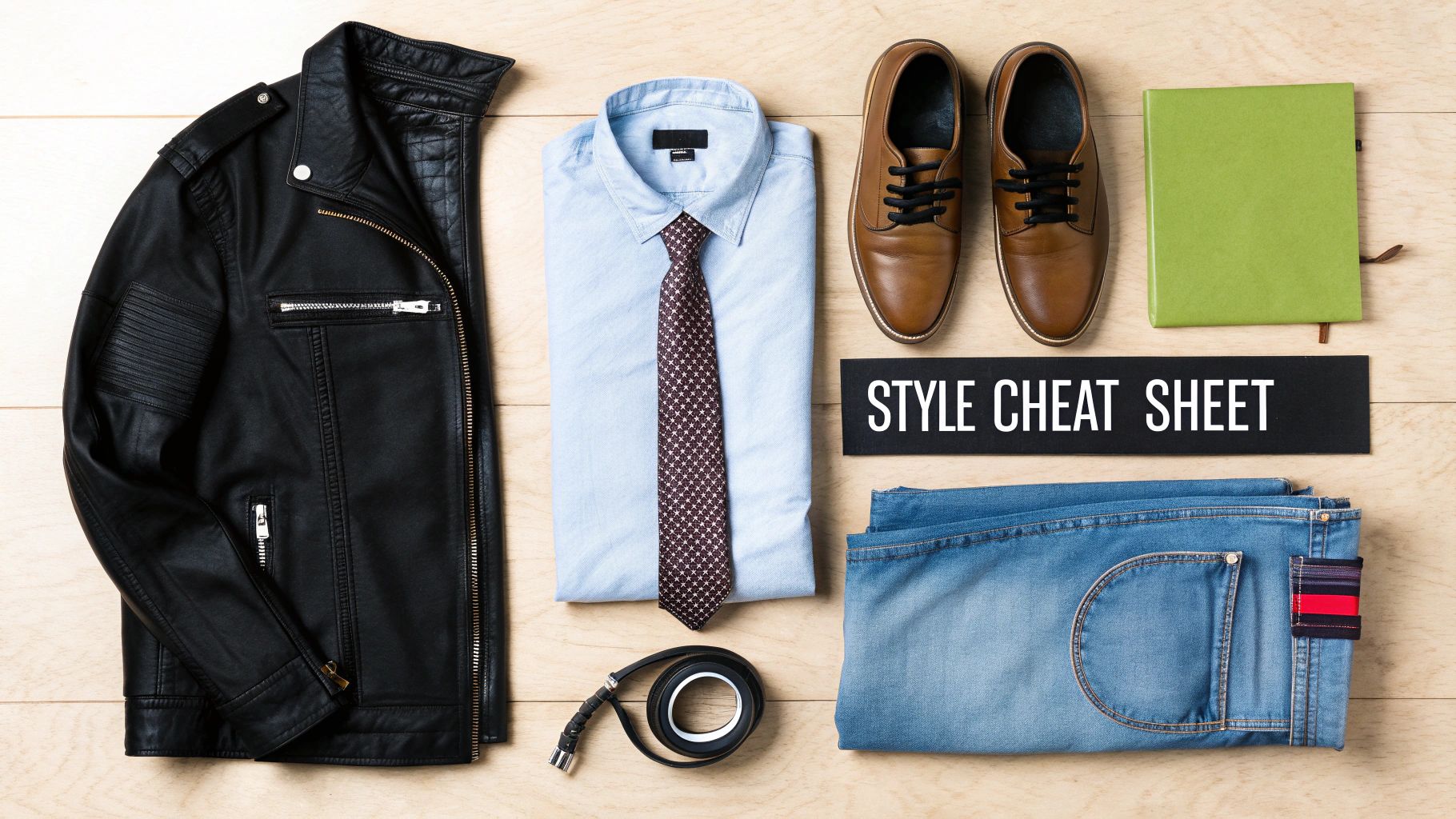 Flat lay of men's fashion essentials: leather jacket, shirt, tie, jeans, shoes, and belt, with a "STYLE CHEAT SHEET" sign on a wooden background.