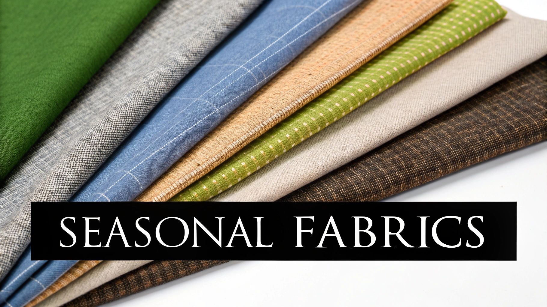 A diverse collection of colorful and textured fabric swatches, showcasing various patterns including solids and checks.