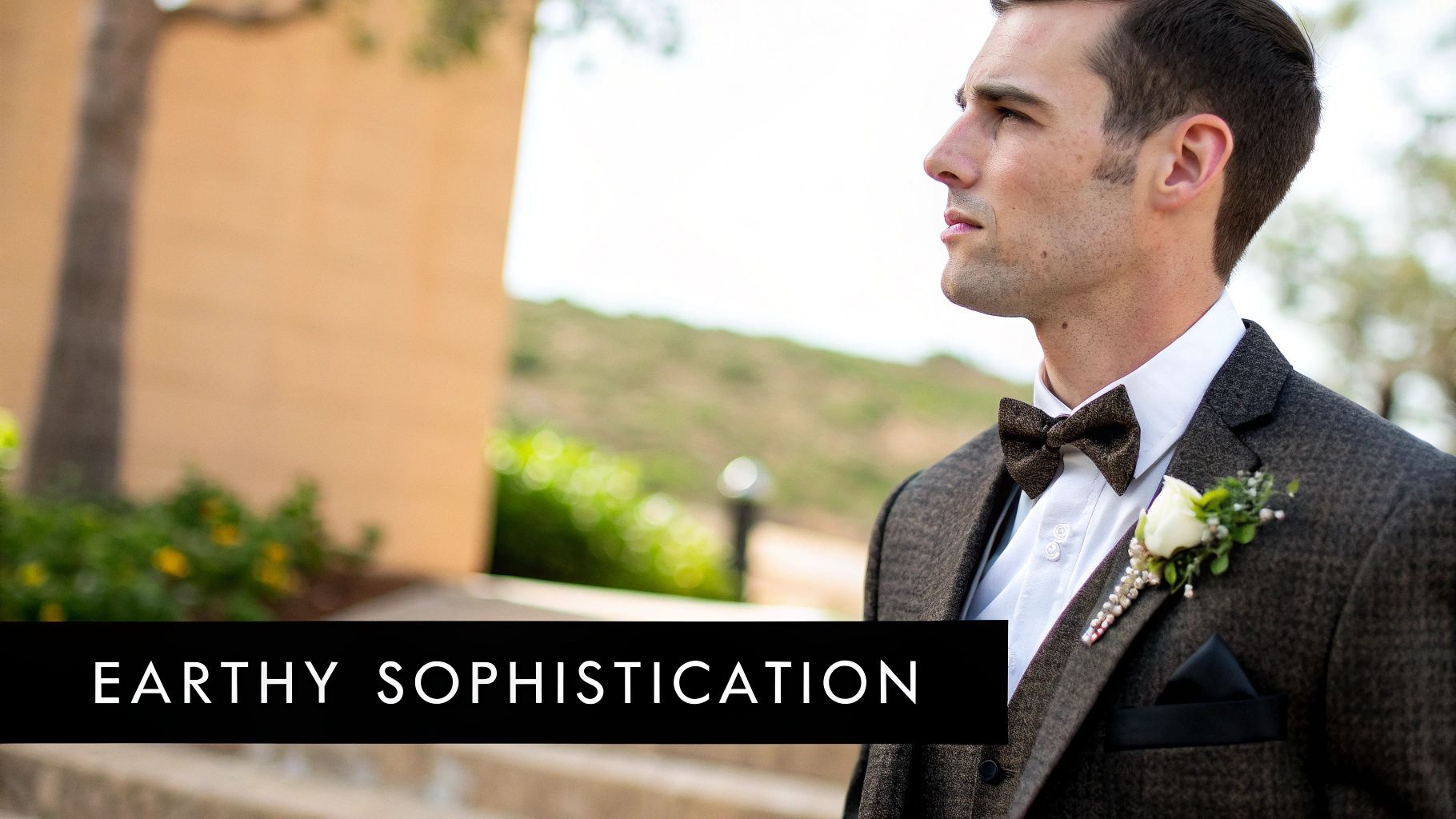 Burgundy and Cream wedding suit with cream bow tie and pocket square
