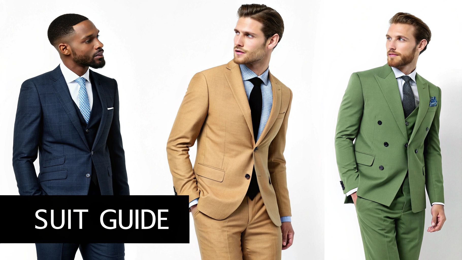 Three diverse men showcasing different suit styles and colors from a suit guide.