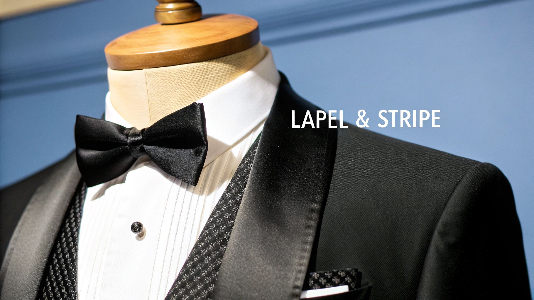A close-up of a black tuxedo with a white pleated shirt, black bow tie, and patterned vest.