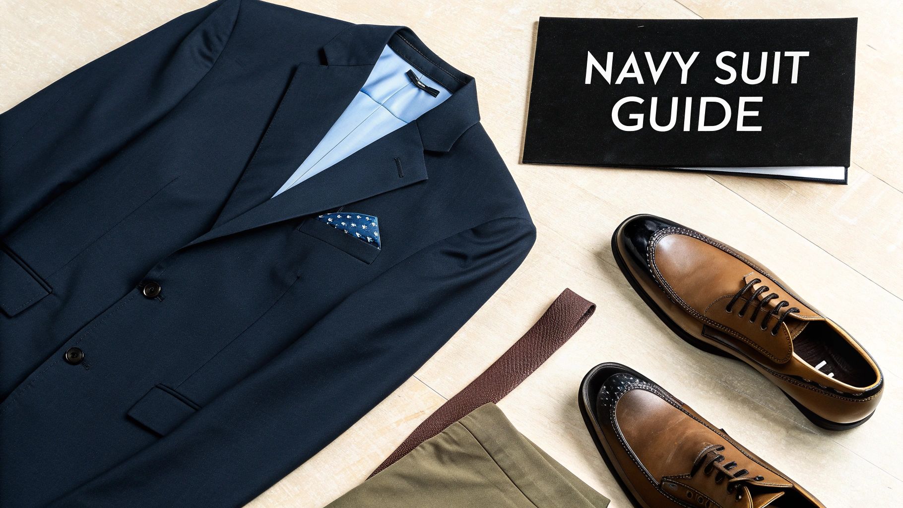 Flat lay of a navy suit jacket, light blue shirt, patterned pocket square, brown dress shoes, and a 'Navy Suit Guide' book.