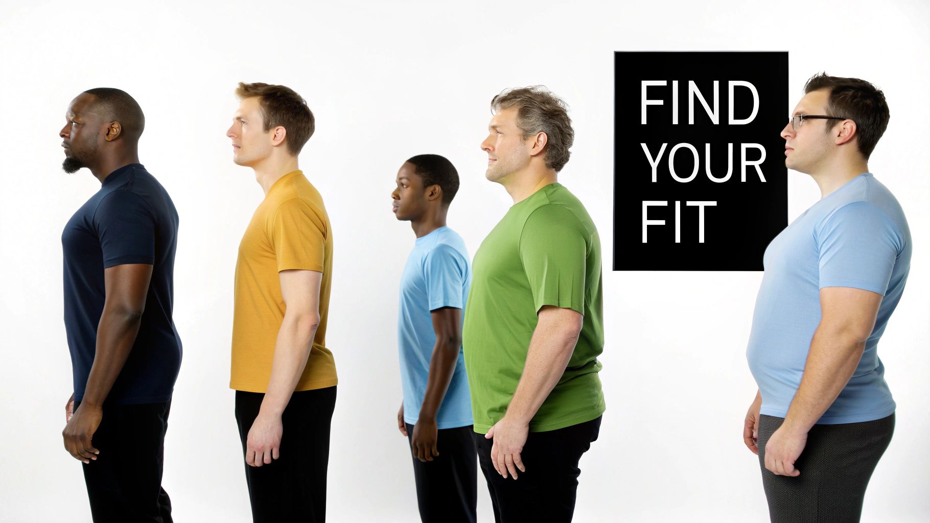 Five men of diverse body types stand in profile, showcasing different builds, with text 'FIND YOUR FIT'.