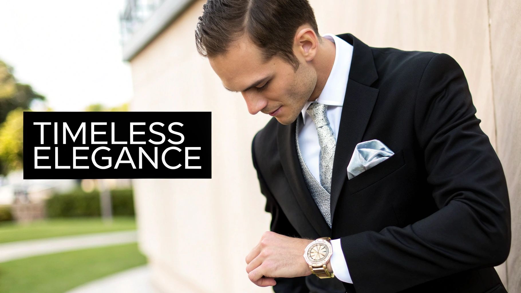 Navy Blue and Champagne Gold wedding suit with champagne tie and boutonnière